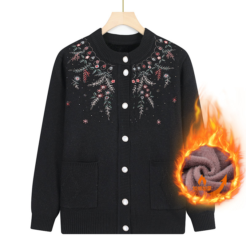 Dámsky kardigan z pleteniny, elegantný mestský štýl; polyester >95%, vzor rastlín a kvetov, dlhé rukávy, kruhový výstrih, dĺžka 50–65 cm