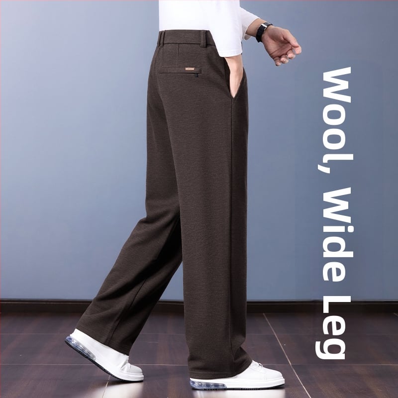 Muške vunene casual hlače – opušteni ravni kroj, visok pojas, jednobojne, ušiven logotip, elastična obrada