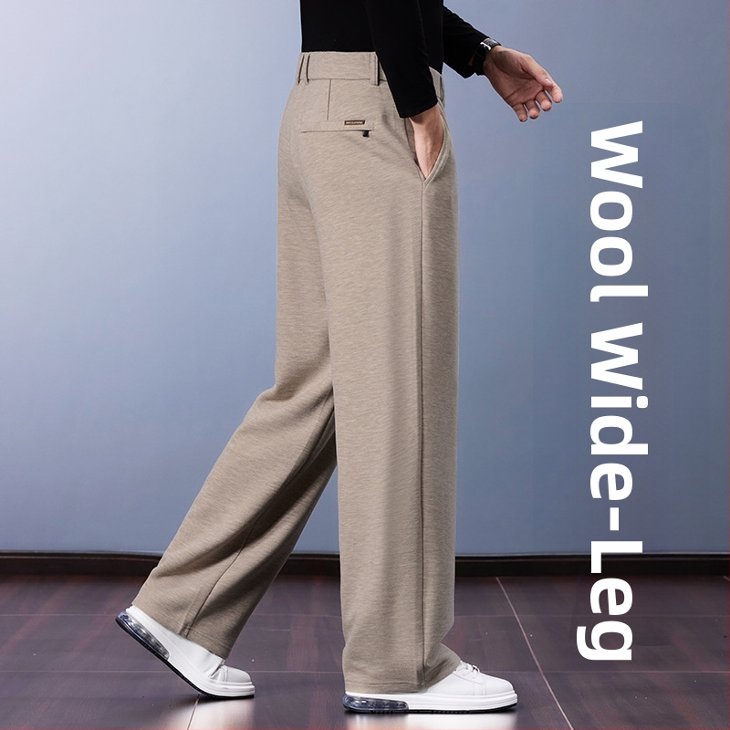 Muške vunene casual hlače – opušteni ravni kroj, visok pojas, jednobojne, ušiven logotip, elastična obrada