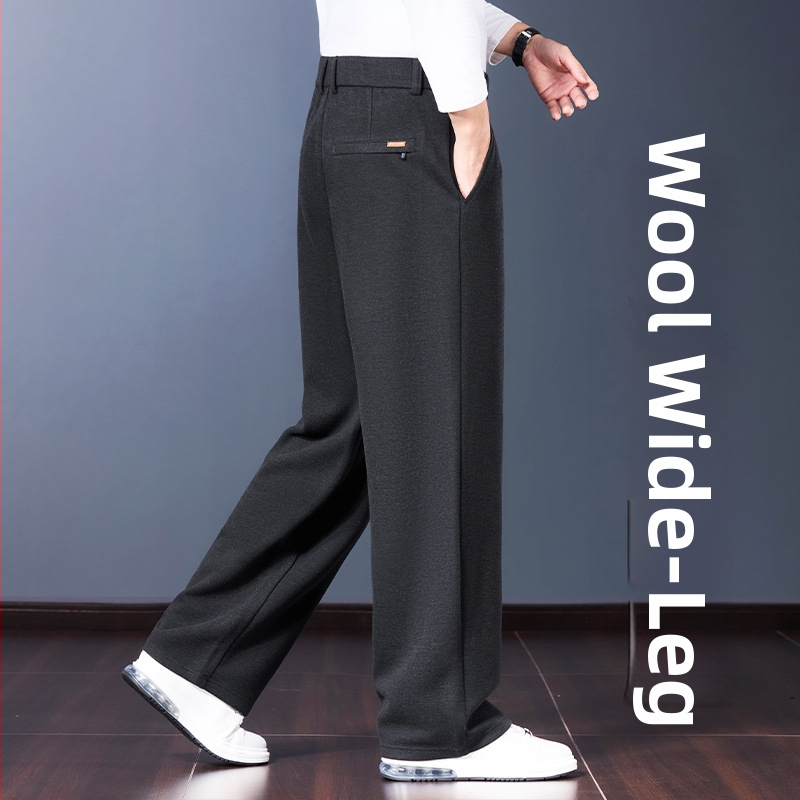 Muške vunene casual hlače – opušteni ravni kroj, visok pojas, jednobojne, ušiven logotip, elastična obrada