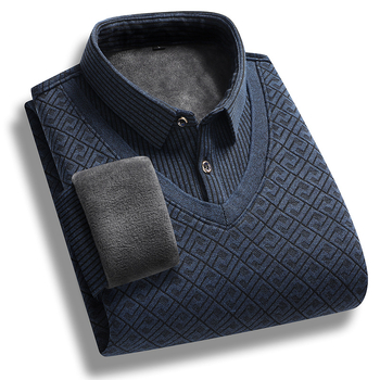 Slim-fit πλεκτό πουλόβερ με επένδυση φλίς, Κορεάτικος ζακάρ, στρογγυλός λαιμός, μακριά μανίκια, για άνδρες μέσης ηλικίας