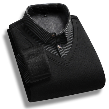 Slim-fit πλεκτό πουλόβερ με επένδυση φλίς, Κορεάτικος ζακάρ, στρογγυλός λαιμός, μακριά μανίκια, για άνδρες μέσης ηλικίας