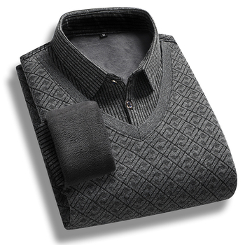 Slim-fit πλεκτό πουλόβερ με επένδυση φλίς, Κορεάτικος ζακάρ, στρογγυλός λαιμός, μακριά μανίκια, για άνδρες μέσης ηλικίας