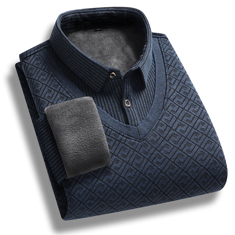 Slim-fit πλεκτό πουλόβερ με επένδυση φλίς, Κορεάτικος ζακάρ, στρογγυλός λαιμός, μακριά μανίκια, για άνδρες μέσης ηλικίας