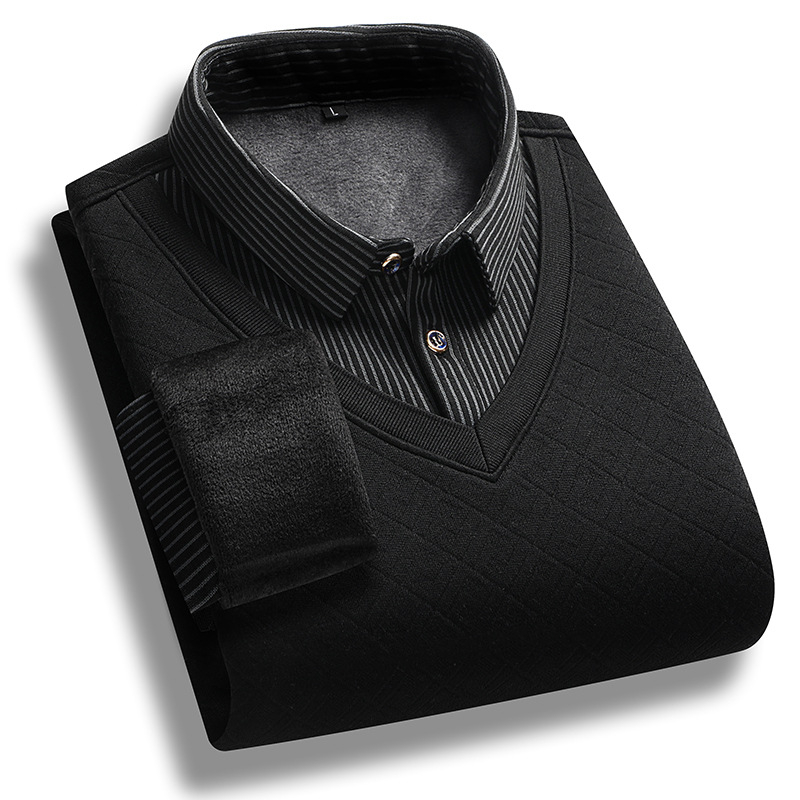 Slim-fit πλεκτό πουλόβερ με επένδυση φλίς, Κορεάτικος ζακάρ, στρογγυλός λαιμός, μακριά μανίκια, για άνδρες μέσης ηλικίας