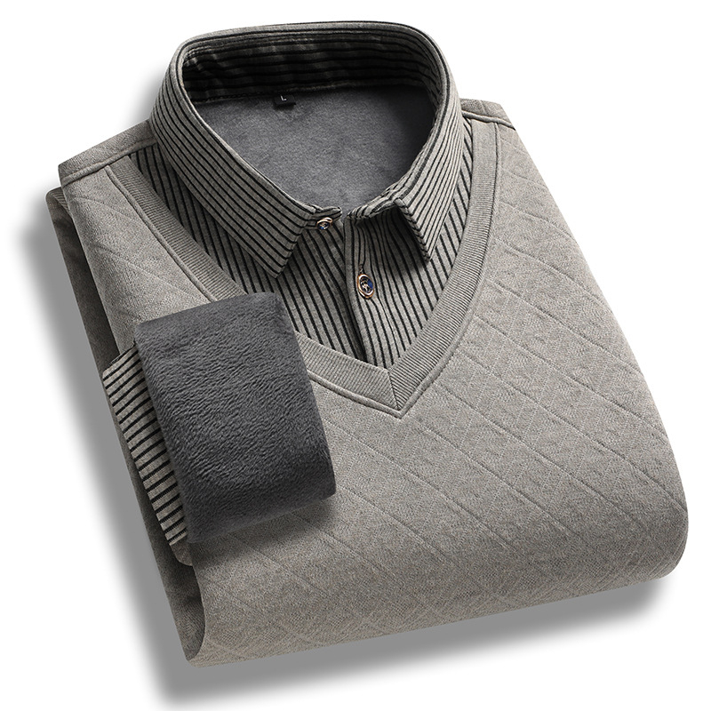 Slim-fit πλεκτό πουλόβερ με επένδυση φλίς, Κορεάτικος ζακάρ, στρογγυλός λαιμός, μακριά μανίκια, για άνδρες μέσης ηλικίας