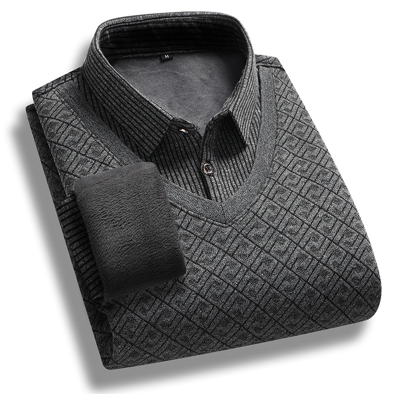 Slim-fit πλεκτό πουλόβερ με επένδυση φλίς, Κορεάτικος ζακάρ, στρογγυλός λαιμός, μακριά μανίκια, για άνδρες μέσης ηλικίας