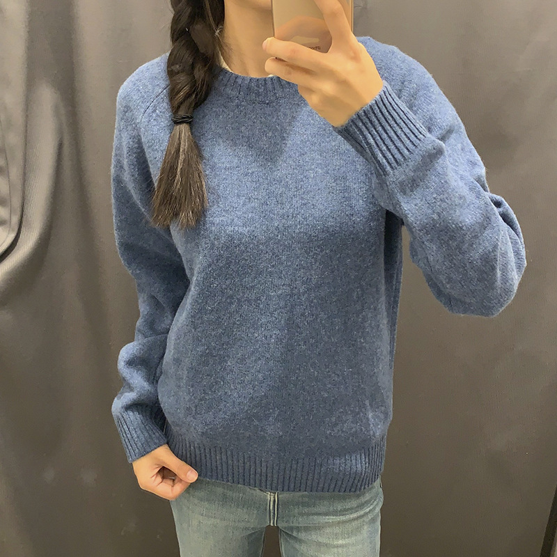 Αναπνεύσιμο ακρυλικό μείγμα (30%), χαλαρή γραμμή, στρογγυλός λαιμός, μακριά μανίκια, ριβέν τελείωμα, αστικό στυλ φθινόπωρο 2024