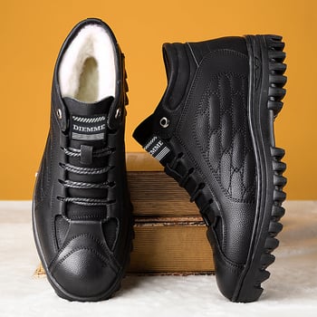 Ανδρικά χειμερινά μποτάκια χιονιού με επένδυση φλίς, παχιά σόλα από καουτσούκ, PU επάνω μέρος, κορδόνια – casual παπούτσια καθημερινής χρήσης