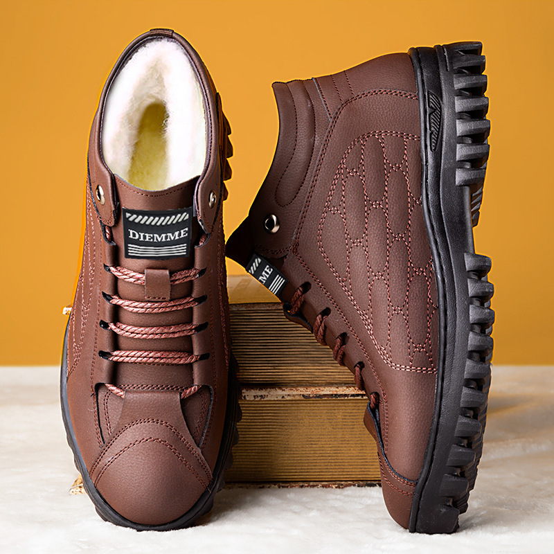 Ανδρικά χειμερινά μποτάκια χιονιού με επένδυση φλίς, παχιά σόλα από καουτσούκ, PU επάνω μέρος, κορδόνια – casual παπούτσια καθημερινής χρήσης