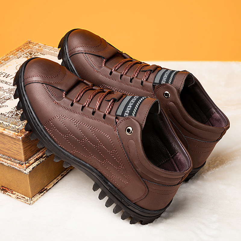 Ανδρικά χειμερινά μποτάκια χιονιού με επένδυση φλίς, παχιά σόλα από καουτσούκ, PU επάνω μέρος, κορδόνια – casual παπούτσια καθημερινής χρήσης