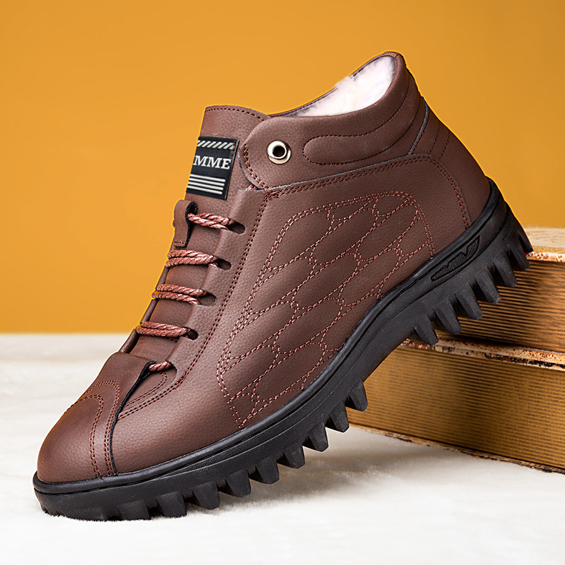 Ανδρικά χειμερινά μποτάκια χιονιού με επένδυση φλίς, παχιά σόλα από καουτσούκ, PU επάνω μέρος, κορδόνια – casual παπούτσια καθημερινής χρήσης