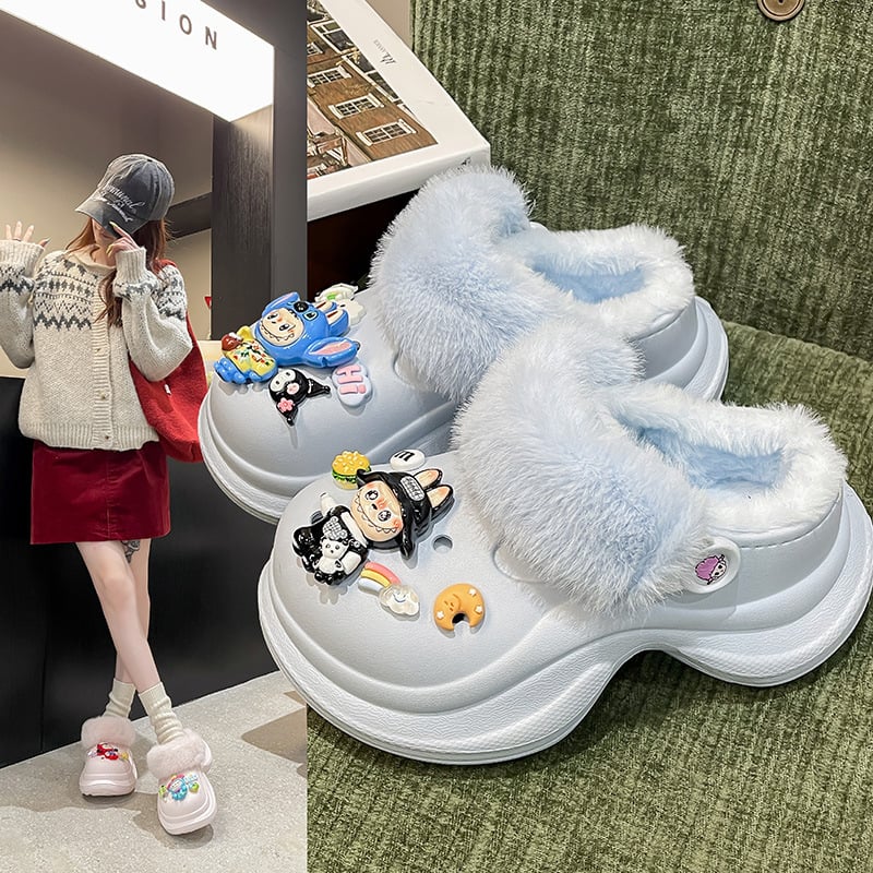 Ženske Crocs papuče – povećanje visine, fleece obložene, EVA gornji dio i potplat, debljina potplata 6 cm, Labubu serija, Cartoon Paradise stil, jesen 2025
