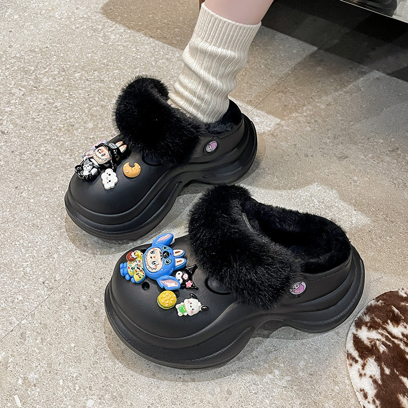 Ženske Crocs papuče – povećanje visine, fleece obložene, EVA gornji dio i potplat, debljina potplata 6 cm, Labubu serija, Cartoon Paradise stil, jesen 2025