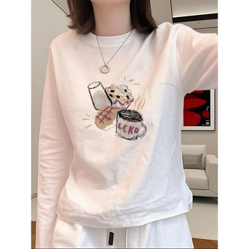 Ženski pamučni T-shirt s dugim rukavima, slobodan kroj, okrugli izrez, anime otisak, 95% pamuka