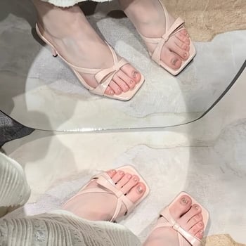 Πέδιλα με τακούνι γάτας και φιόγκο, PU επάνω, τετράγωνη μύτη, καουτσούκ σόλα, άνοιξη 2025