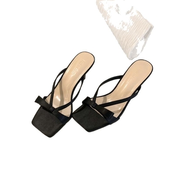 Πέδιλα με τακούνι γάτας και φιόγκο, PU επάνω, τετράγωνη μύτη, καουτσούκ σόλα, άνοιξη 2025