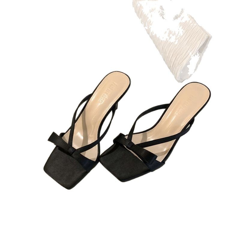 Πέδιλα με τακούνι γάτας και φιόγκο, PU επάνω, τετράγωνη μύτη, καουτσούκ σόλα, άνοιξη 2025