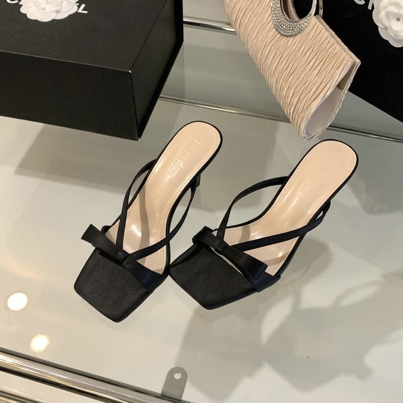 Πέδιλα με τακούνι γάτας και φιόγκο, PU επάνω, τετράγωνη μύτη, καουτσούκ σόλα, άνοιξη 2025