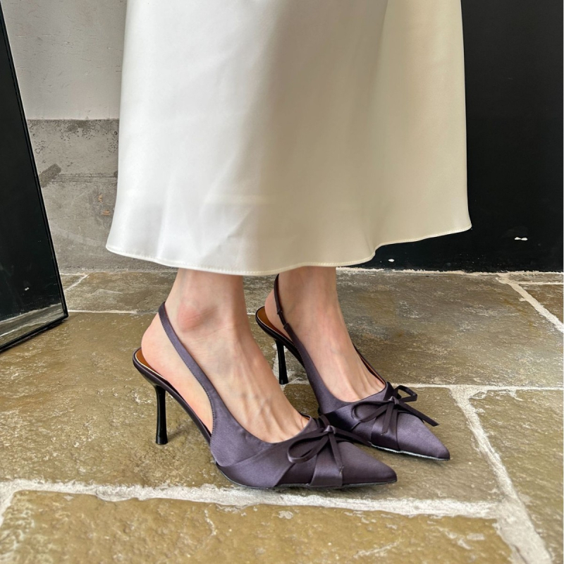 Sandale cu toc înalt, vârf ascuțit, cu funda (Material exterior: Super fiber; Material interior: Super fiber; Talpă: Cauciuc; Forma vârfului: Ascuțit; Sezon: Vara 2025)