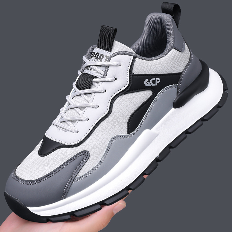 Férfi sportos-casual cipő, lélegző, könnyű és kényelmes; felsőrész: szuper rost; talp: EVA; zárás: fűzők; sarokmagasság: alacsony (1–3 cm); orrforma: kerek