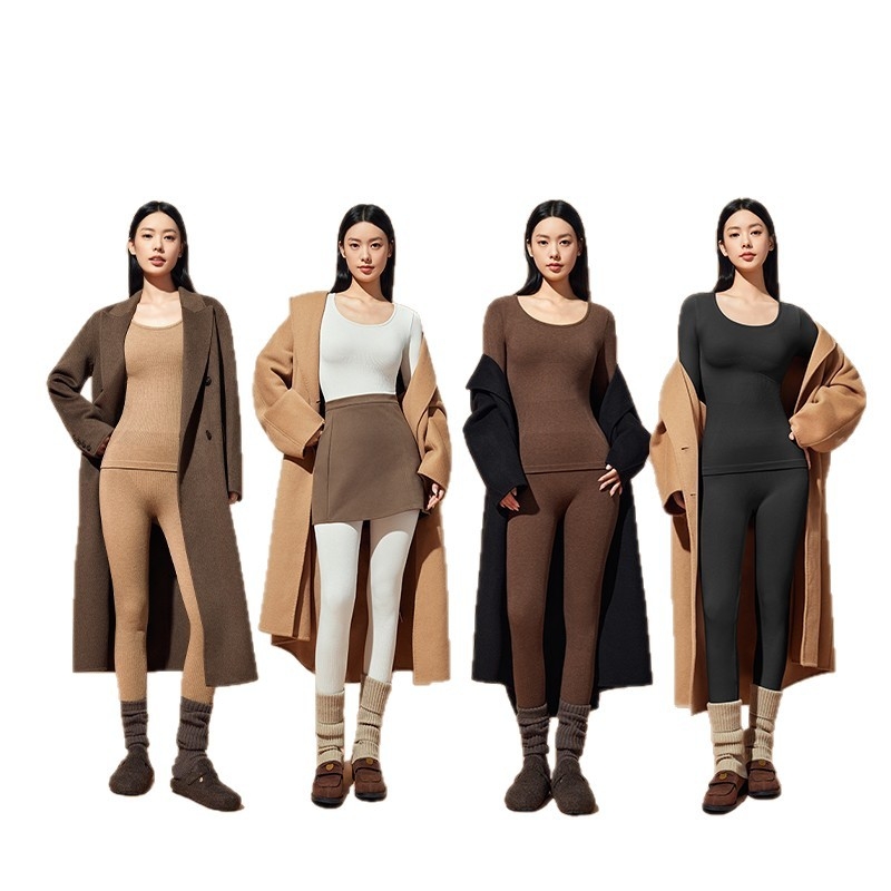 Set termic de bază pentru modelarea corpului: bumbac extensibil, două straturi, mâneci lungi, guler rotund, pantaloni