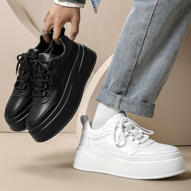 Férfiaknak vastag talpú platformcipő – fűzőkkel, PU talppal, kerek orr, alacsony felső rész, belső magasságot növelő platform