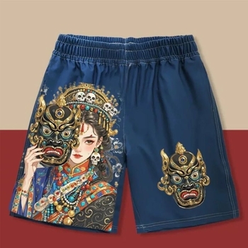 Sportske casual šorceve - unisex, labav kroj, srednji pojas, zatvara se vezicama, mješavina poliestera, print karikatura (ljeto)