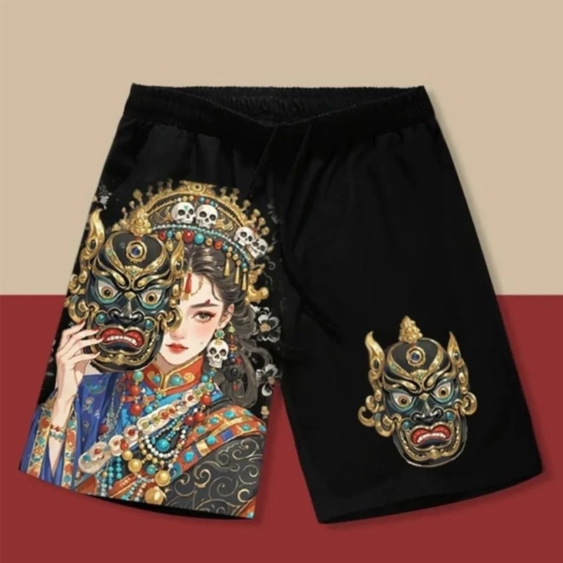 Sportske casual šorceve - unisex, labav kroj, srednji pojas, zatvara se vezicama, mješavina poliestera, print karikatura (ljeto)
