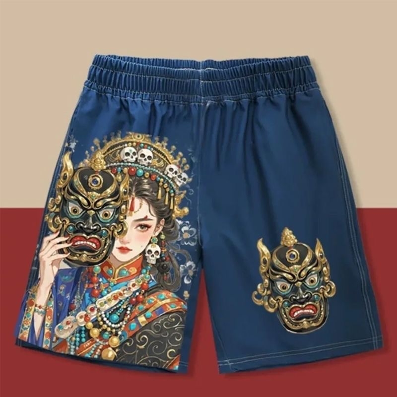 Sportske casual šorceve - unisex, labav kroj, srednji pojas, zatvara se vezicama, mješavina poliestera, print karikatura (ljeto)