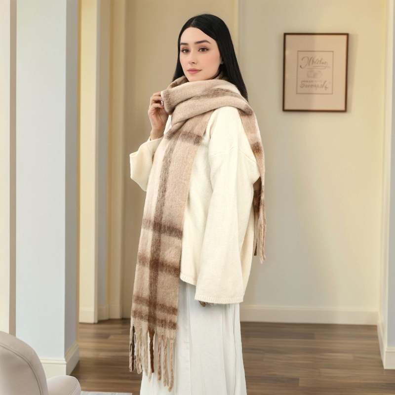 Női imitációs kasmír sál, kockás minta, warp knitting technikával készült, poliészter anyagból, hosszú és sokoldalú téli sál