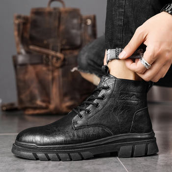 Μπότες Martin για άνδρες, υψηλές και μεσαίες, δερμάτινο επάνω μέρος, σόλα από καουτσούκ, στρογγυλή μύτη, χοντρή φτέρνα, μπροστινό φερμουάρ, αυξάνει το ύψος