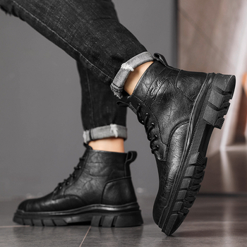 Μπότες Martin για άνδρες, υψηλές και μεσαίες, δερμάτινο επάνω μέρος, σόλα από καουτσούκ, στρογγυλή μύτη, χοντρή φτέρνα, μπροστινό φερμουάρ, αυξάνει το ύψος