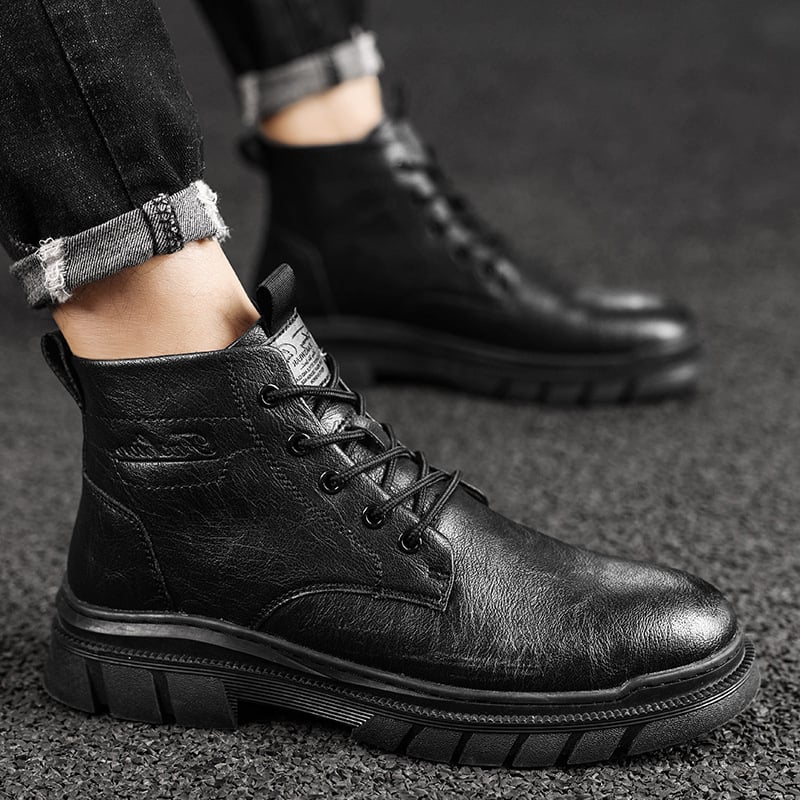 Μπότες Martin για άνδρες, υψηλές και μεσαίες, δερμάτινο επάνω μέρος, σόλα από καουτσούκ, στρογγυλή μύτη, χοντρή φτέρνα, μπροστινό φερμουάρ, αυξάνει το ύψος