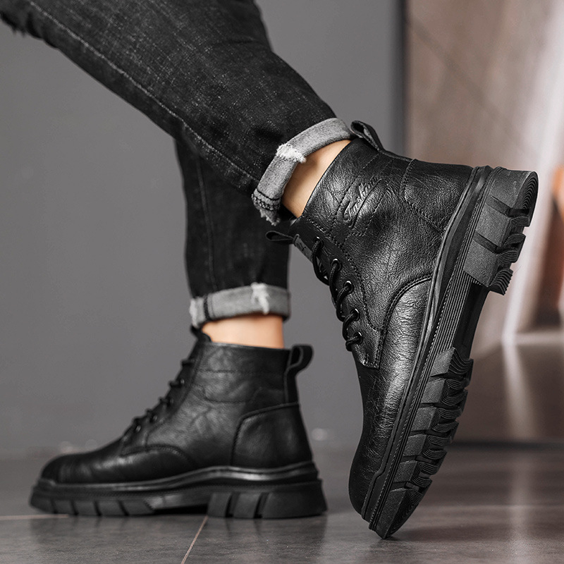 Μπότες Martin για άνδρες, υψηλές και μεσαίες, δερμάτινο επάνω μέρος, σόλα από καουτσούκ, στρογγυλή μύτη, χοντρή φτέρνα, μπροστινό φερμουάρ, αυξάνει το ύψος