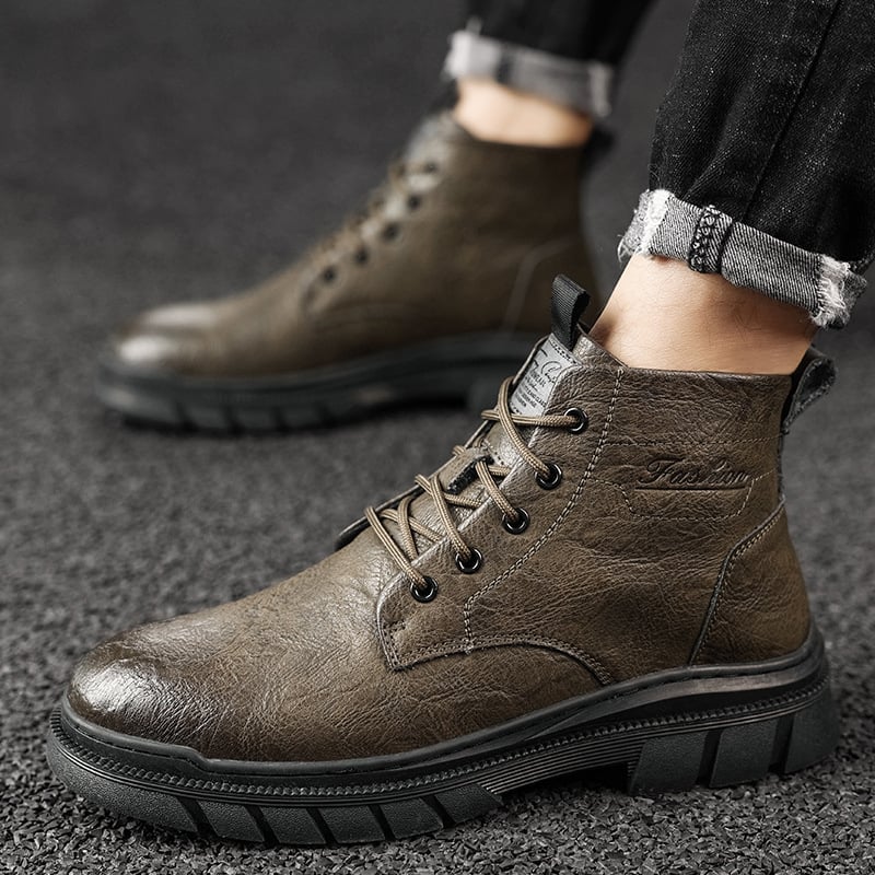 Μπότες Martin για άνδρες, υψηλές και μεσαίες, δερμάτινο επάνω μέρος, σόλα από καουτσούκ, στρογγυλή μύτη, χοντρή φτέρνα, μπροστινό φερμουάρ, αυξάνει το ύψος