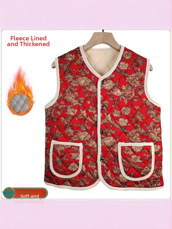 Kínai stílusú ujjatlan mellény a téli 2025-ös szezonra, fleece béléses és vastag, virágos nyomtatású felső, milk silk anyag, 90–95% poliészter