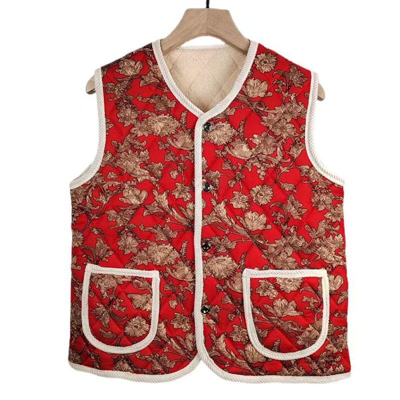 Kínai stílusú ujjatlan mellény a téli 2025-ös szezonra, fleece béléses és vastag, virágos nyomtatású felső, milk silk anyag, 90–95% poliészter