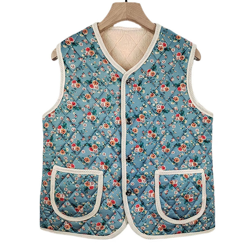 Kínai stílusú ujjatlan mellény a téli 2025-ös szezonra, fleece béléses és vastag, virágos nyomtatású felső, milk silk anyag, 90–95% poliészter