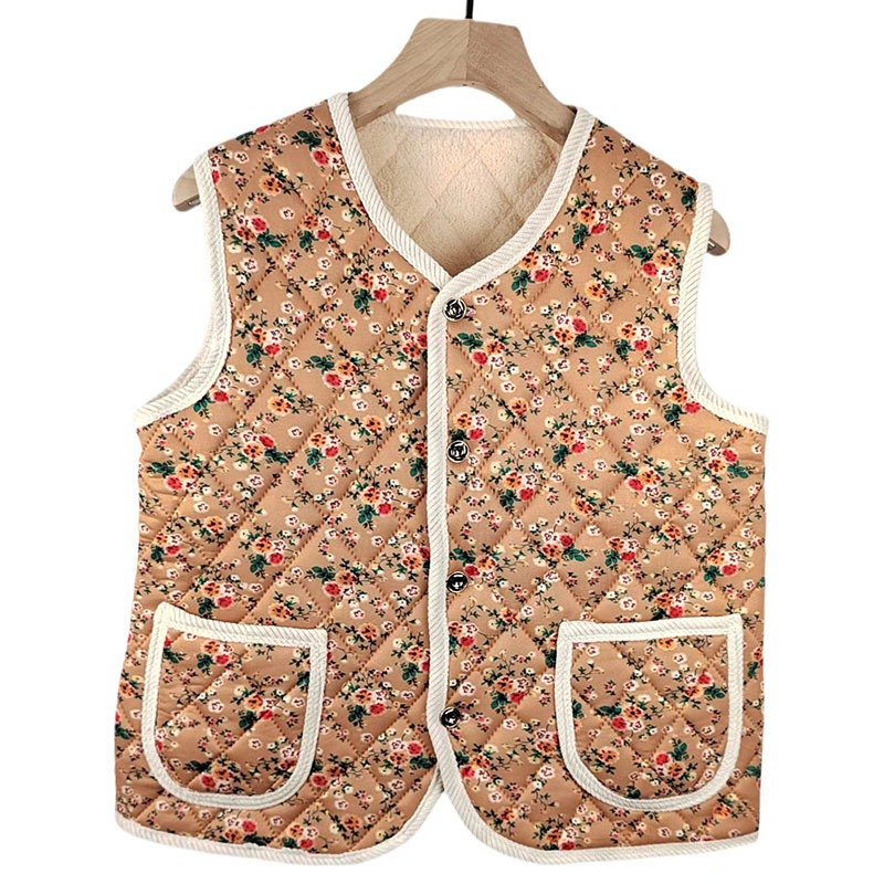 Kínai stílusú ujjatlan mellény a téli 2025-ös szezonra, fleece béléses és vastag, virágos nyomtatású felső, milk silk anyag, 90–95% poliészter