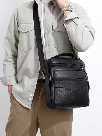 Muška crossbody torba od prvog sloja kože, velika kapaciteta, prozračna podstava, kompatibilna s prijenosnim računalom