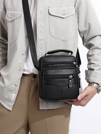Muška crossbody torba od prvog sloja kože, velika kapaciteta, prozračna podstava, kompatibilna s prijenosnim računalom