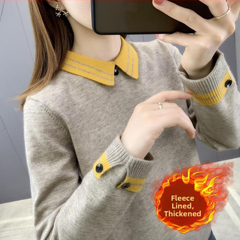 Chenille pleteni top s polo ovratnikom, srednja debljina, gumbi, za žene
