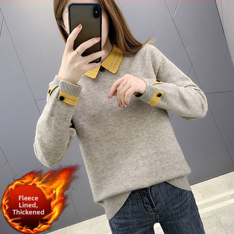 Chenille pleteni top s polo ovratnikom, srednja debljina, gumbi, za žene