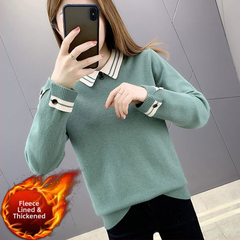 Chenille pleteni top s polo ovratnikom, srednja debljina, gumbi, za žene
