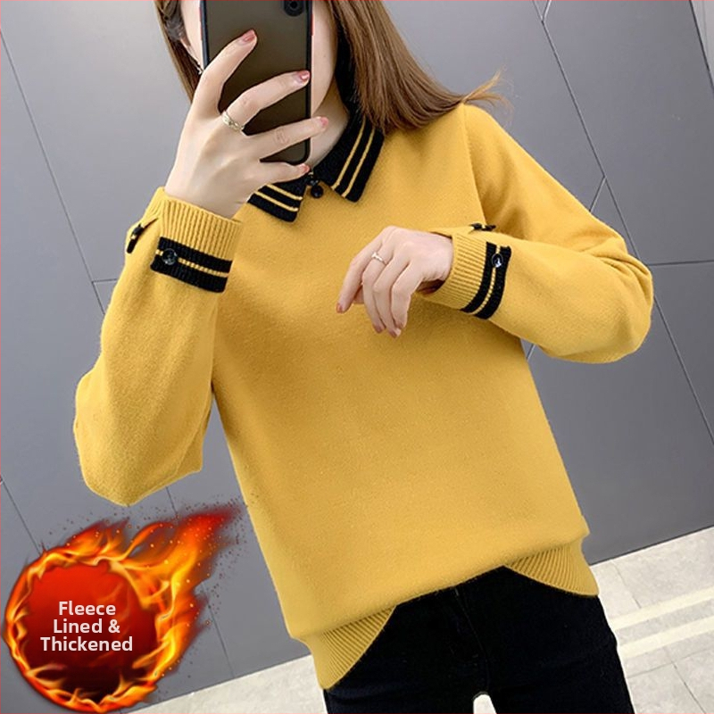 Chenille pleteni top s polo ovratnikom, srednja debljina, gumbi, za žene