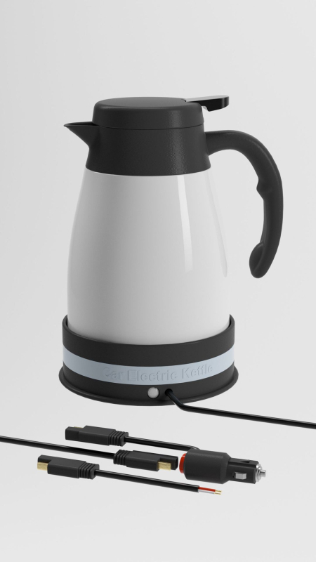 Autóba illő elektromos vízforraló, modell QHZ-1200, 12V/24V, 120W/240W, rozsdamentes acél és PP, gyors felfűtés