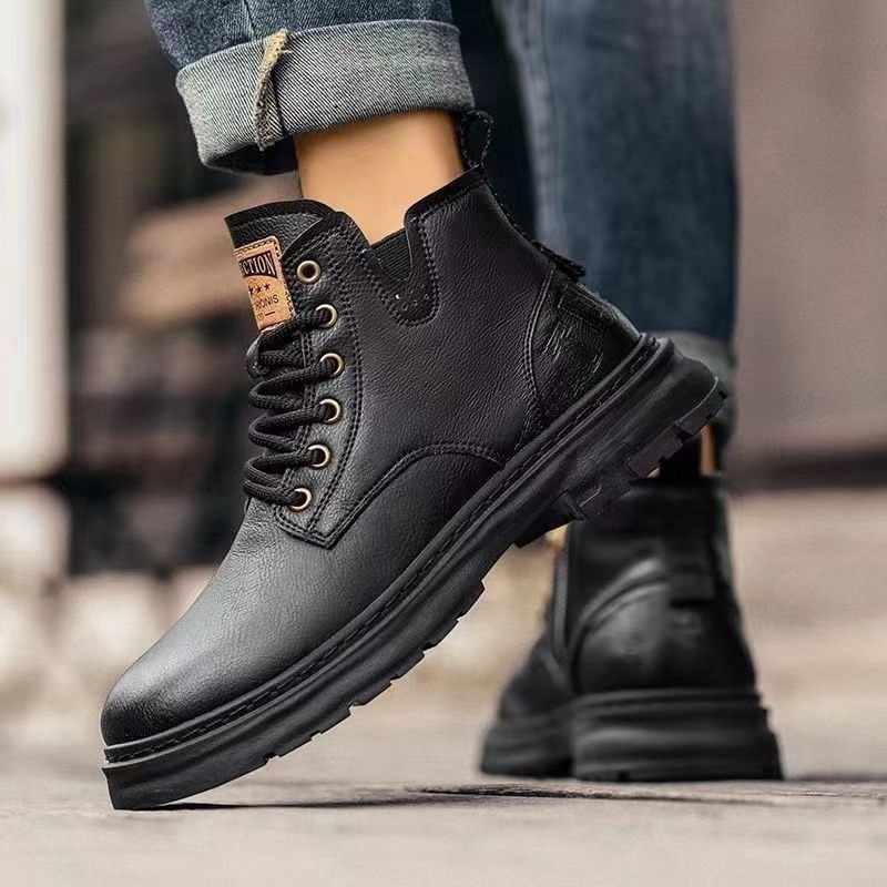 Martin μποτάκια για άνδρες — βιντάζ υψηλών μποτών από δέρμα, δερμάτινη επένδυση, πλαστική σόλα, μεσαίο ύψος