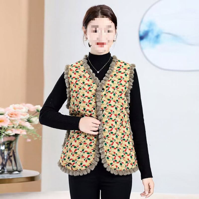 Γυναικείο γιλέκο από μαλλί αρνιού με γέμισμα μαλλί, V-λαιμός, ένα κουμπί, ultra‑κοντό μήκος