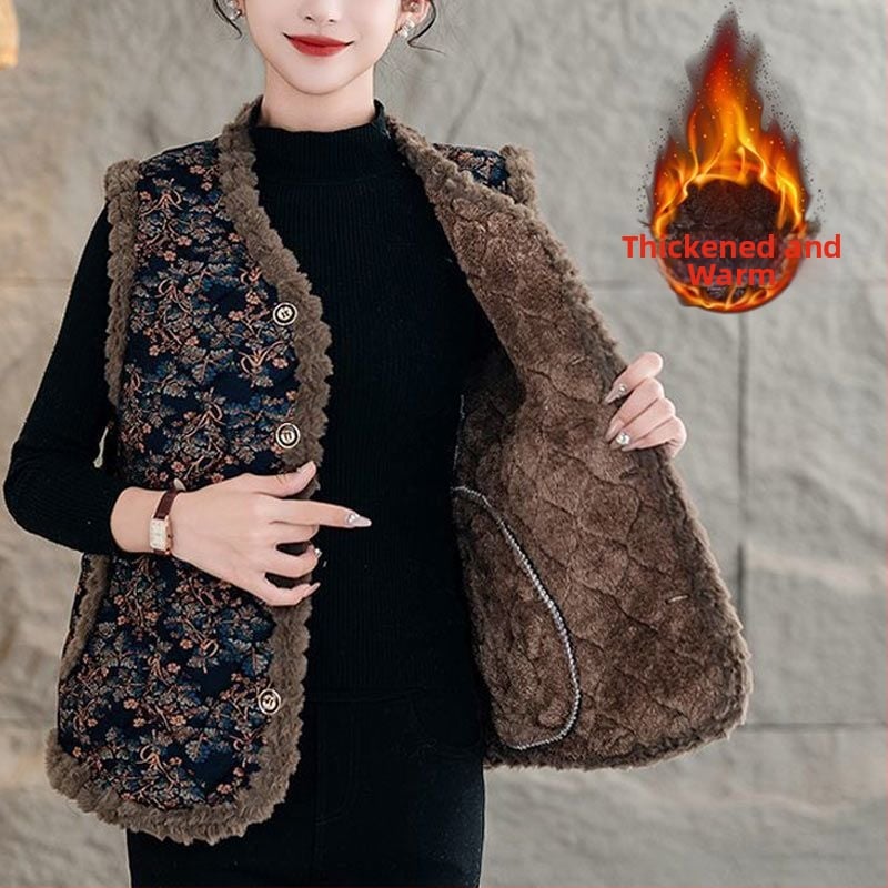 Γυναικείο γιλέκο από μαλλί αρνιού με γέμισμα μαλλί, V-λαιμός, ένα κουμπί, ultra‑κοντό μήκος